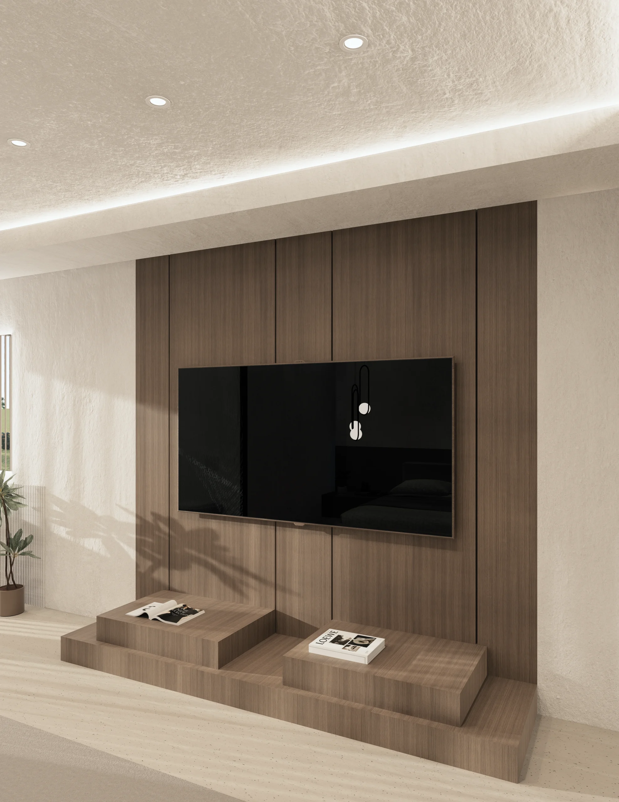 Timber TV wall with integrated joinery and cove lighting, villa living room — architectural 3D visualization by Noor Haus Design