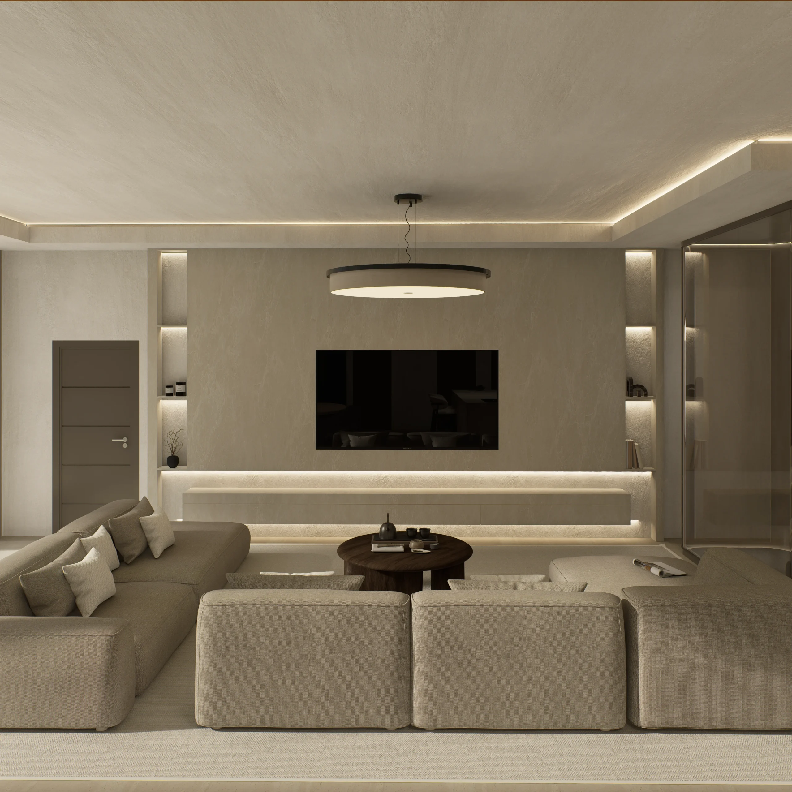 Villa Ren — living room interior, contemporary tropical villa 3D visualization