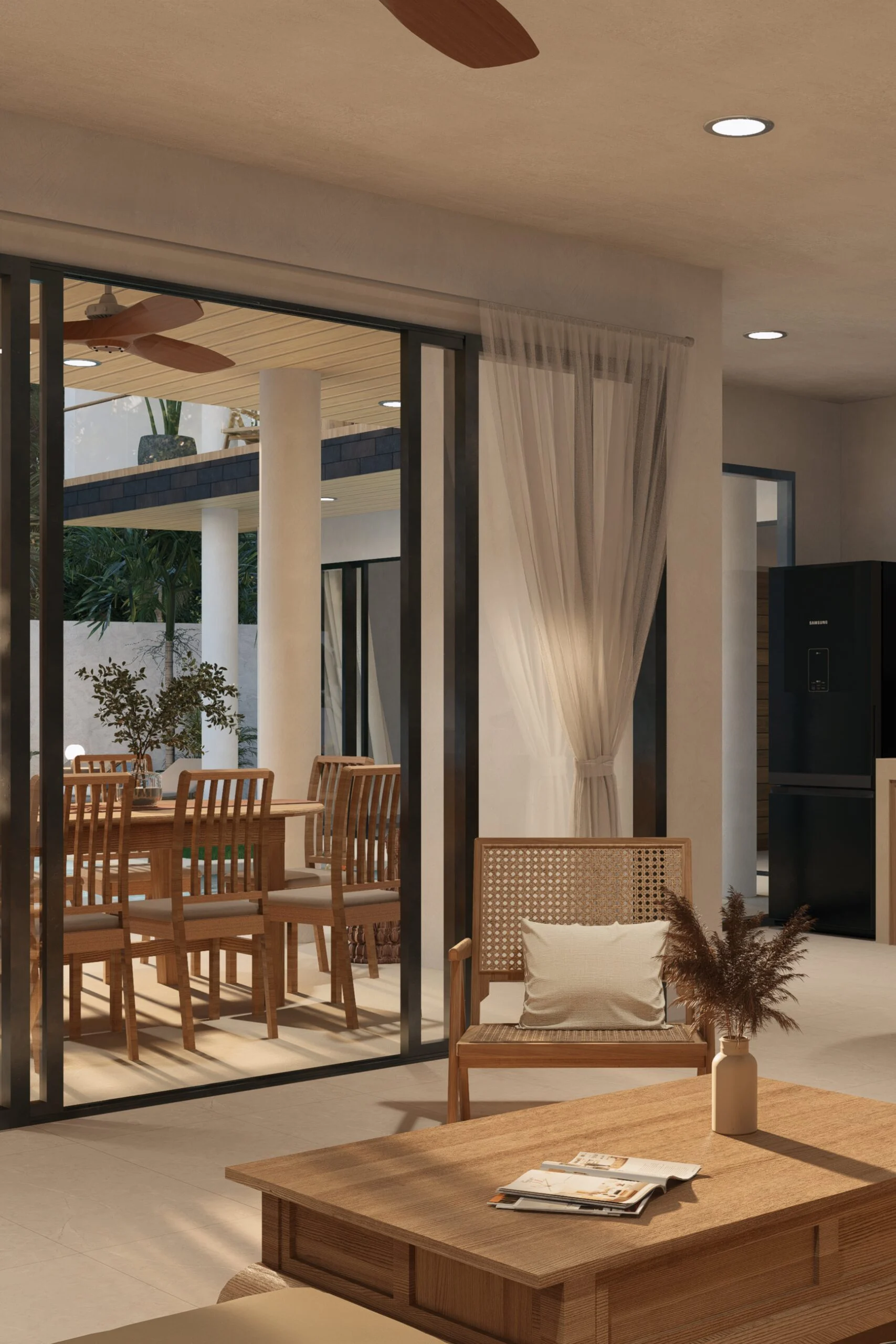 River Residence — open-air dining terrace framed by dark steel joinery, tropical villa 3D visualization by Noor Haus Design