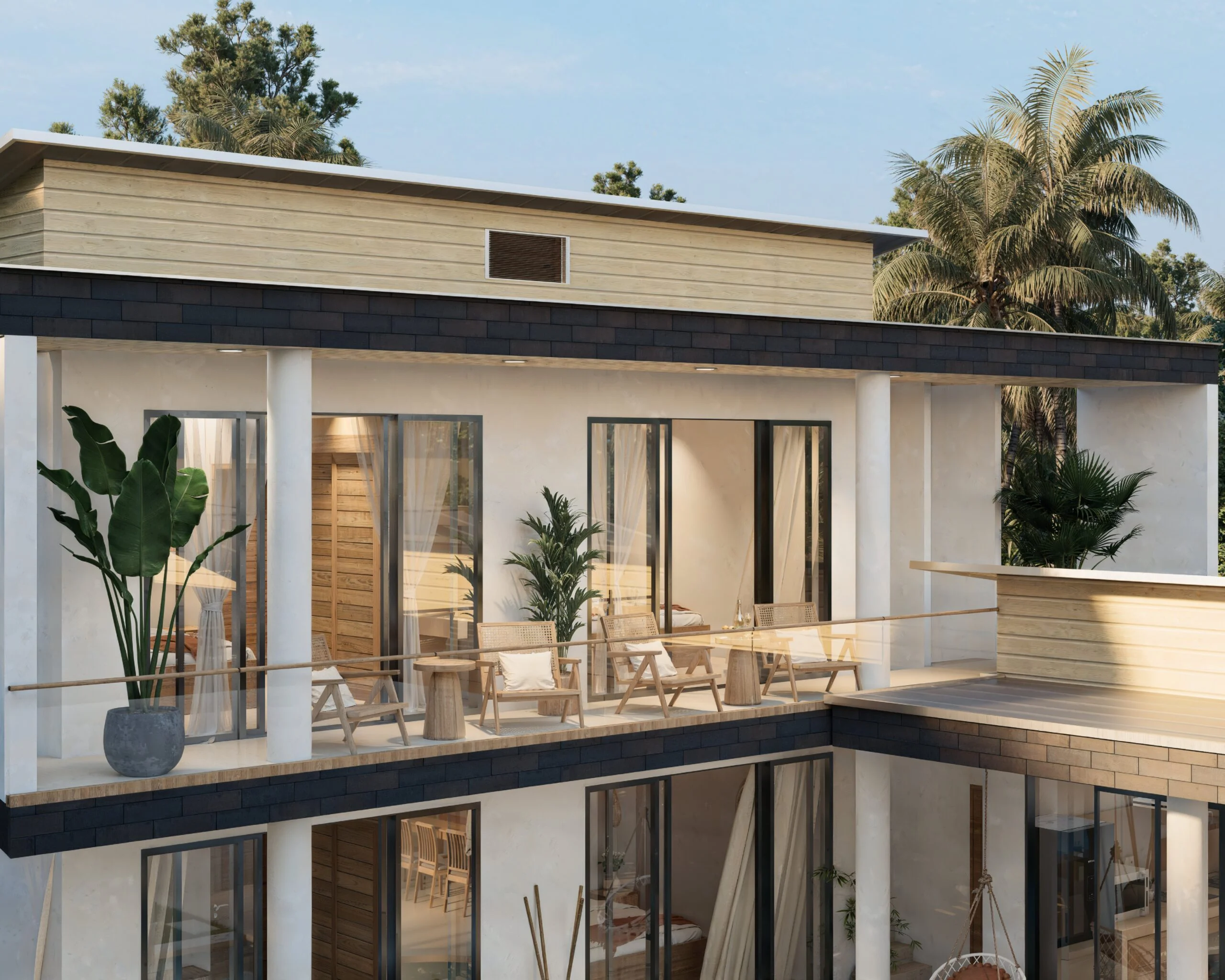 River Residence — upper-level terrace and balcony overlooking the garden, tropical villa 3D visualization by Noor Haus Design