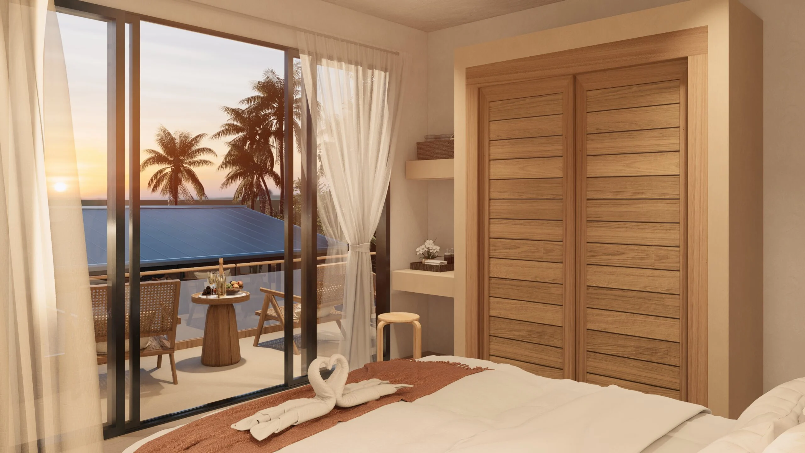 River Residence — bedroom with pool and sea view at sunset, tropical villa 3D visualization by Noor Haus Design
