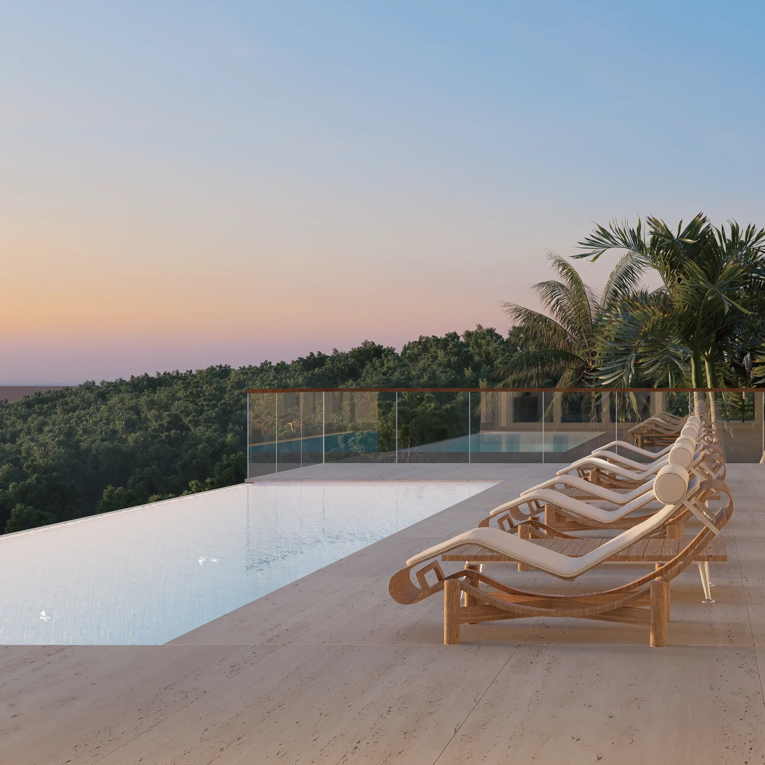Villa Barcelona — infinity pool terrace at dusk, contemporary villa 3D rendering