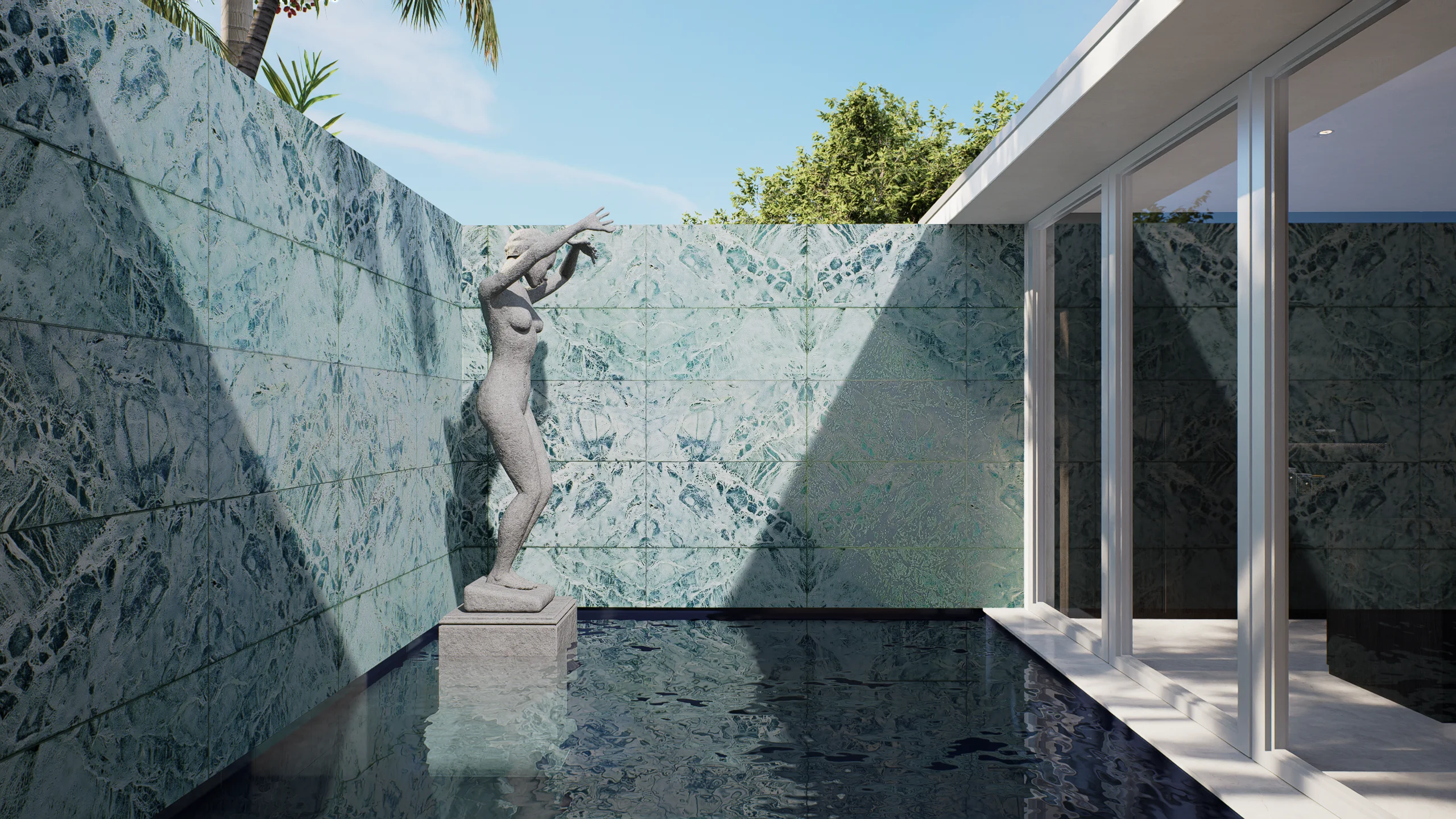 Marble courtyard with sculpture and reflecting pool — architectural 3D visualization by Noor Haus Design