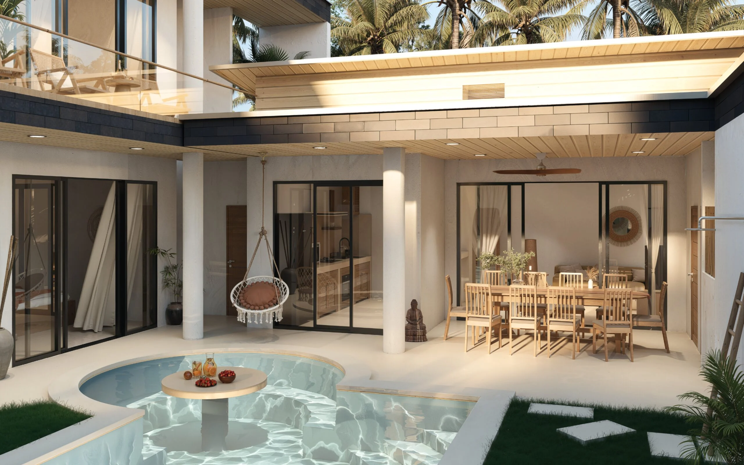River Residence — covered terrace with dining area and hanging chair beside the pool, tropical villa 3D visualization by Noor Haus Design