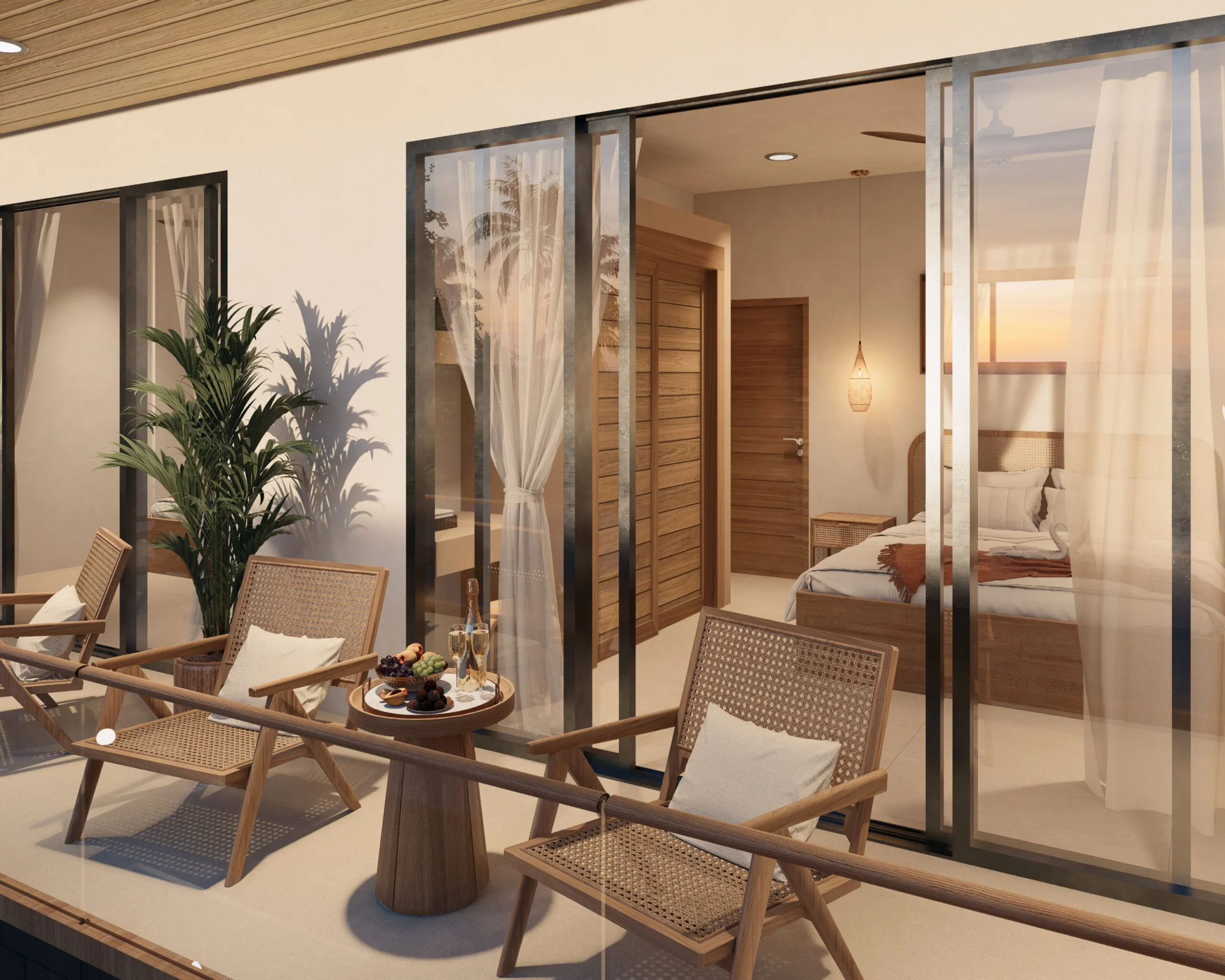 River Residence — bedroom opening onto a private terrace through sliding doors, tropical villa 3D visualization by Noor Haus Design