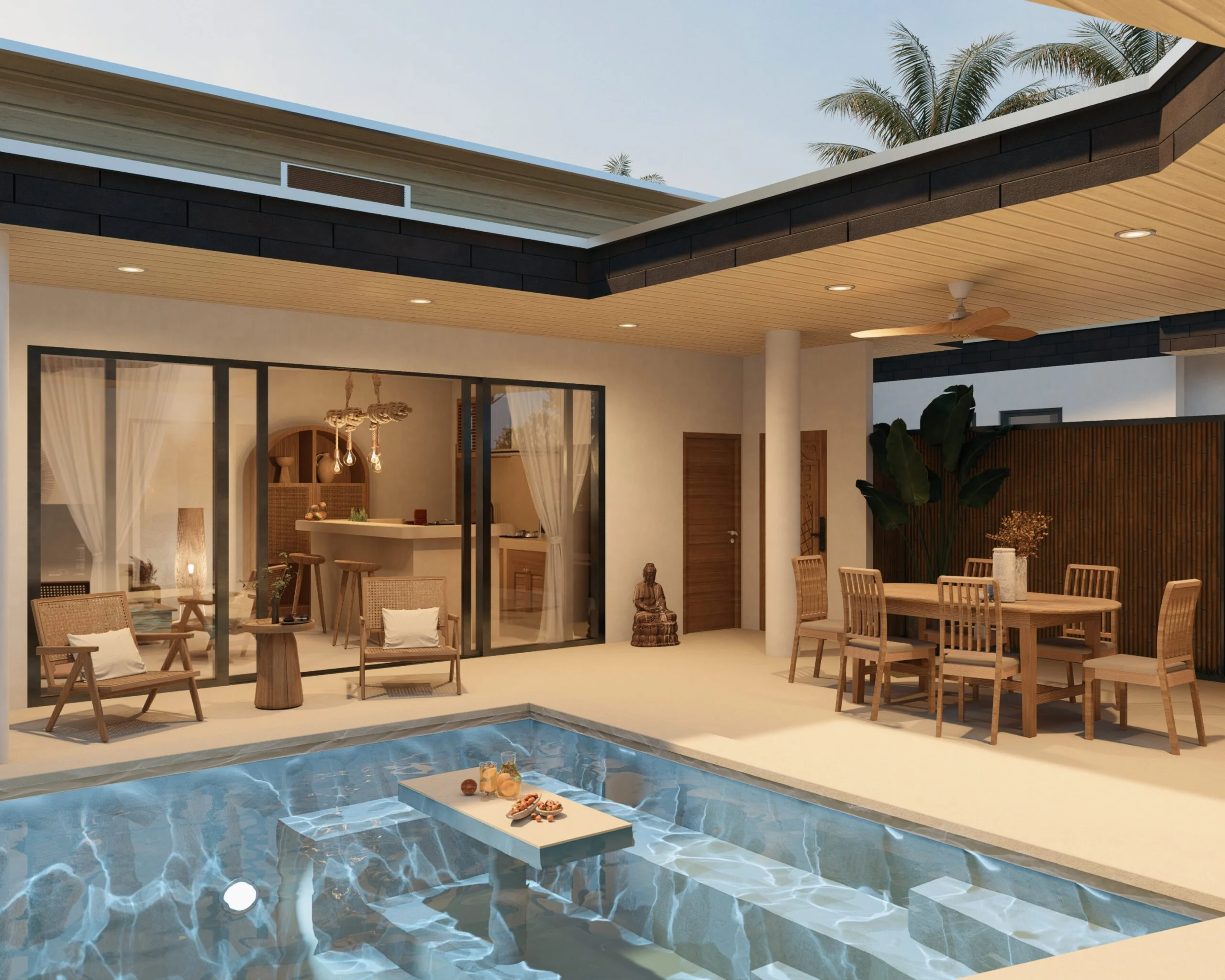River Residence — living and dining space opening onto the pool, tropical villa 3D visualization by Noor Haus Design