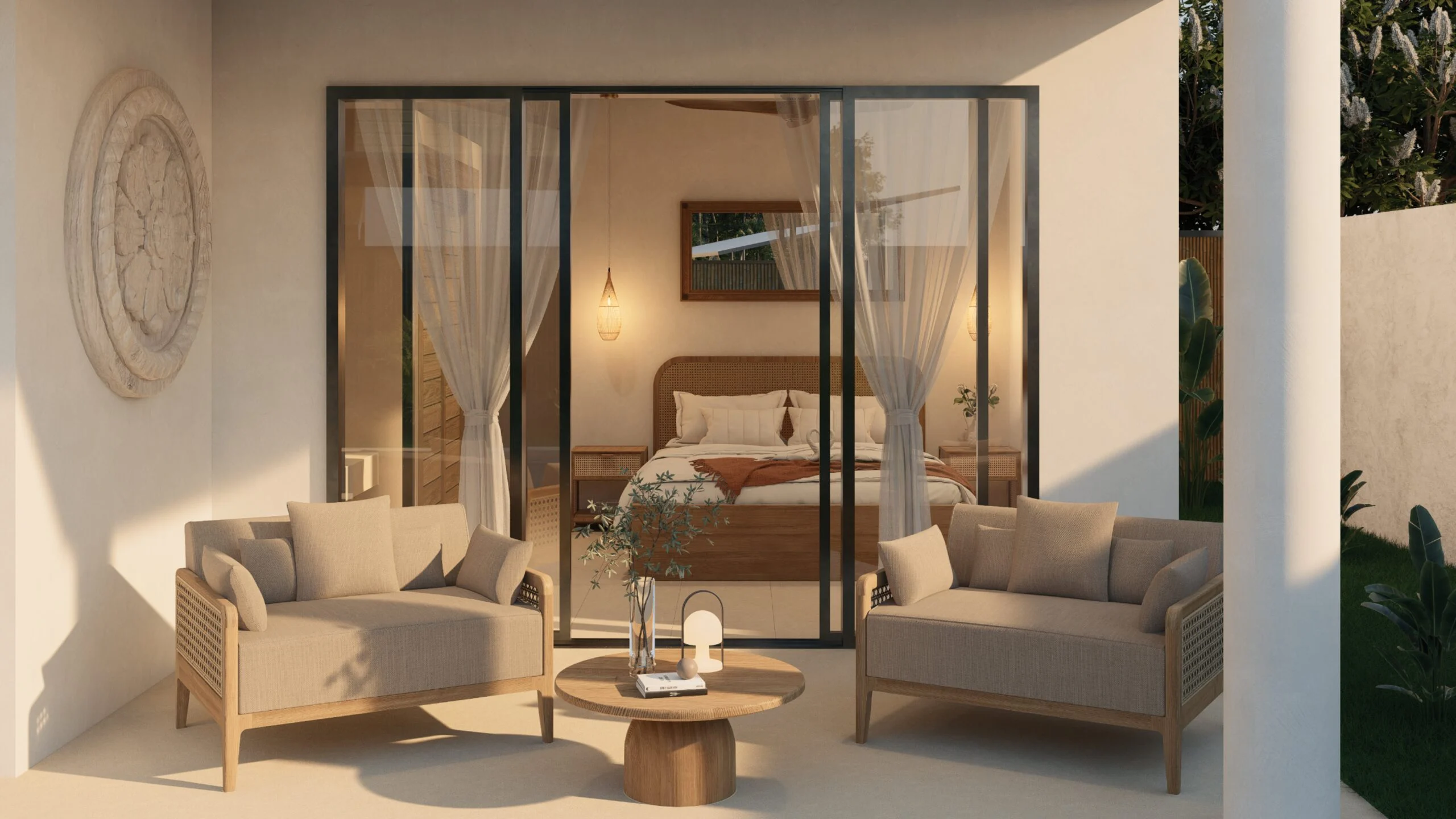 River Residence — bedroom and lounge area behind full-height glazing, tropical villa 3D visualization by Noor Haus Design