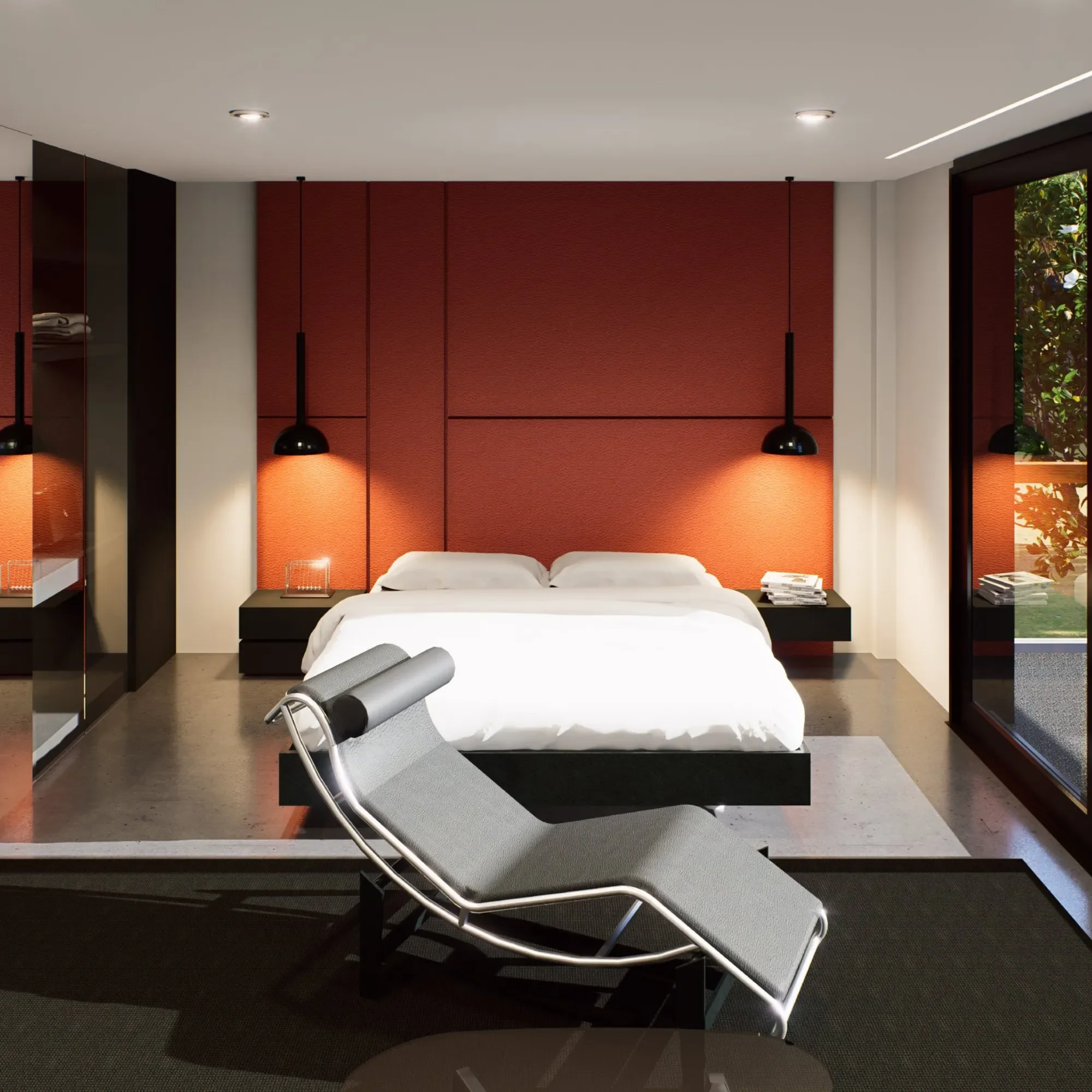 Villa Corbusier — bedroom with terracotta panelling, contemporary villa 3D rendering