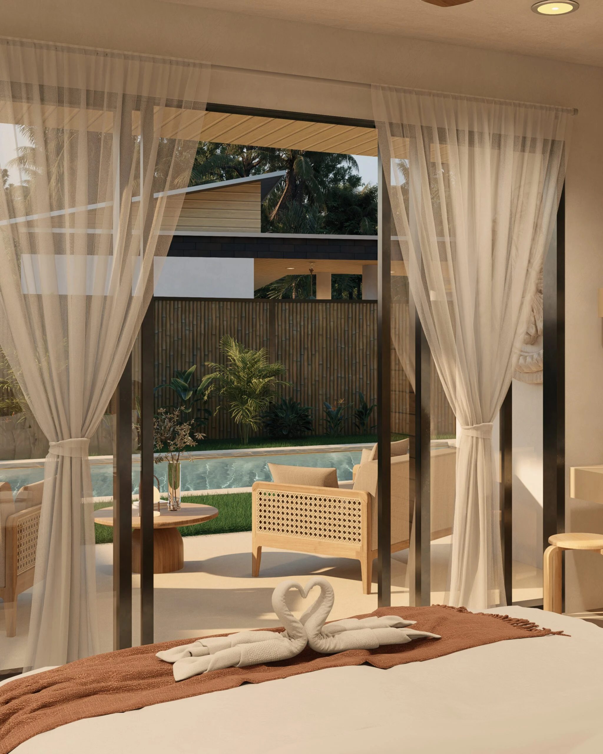 River Residence — poolside terrace seen through sheer curtains, tropical villa 3D visualization by Noor Haus Design