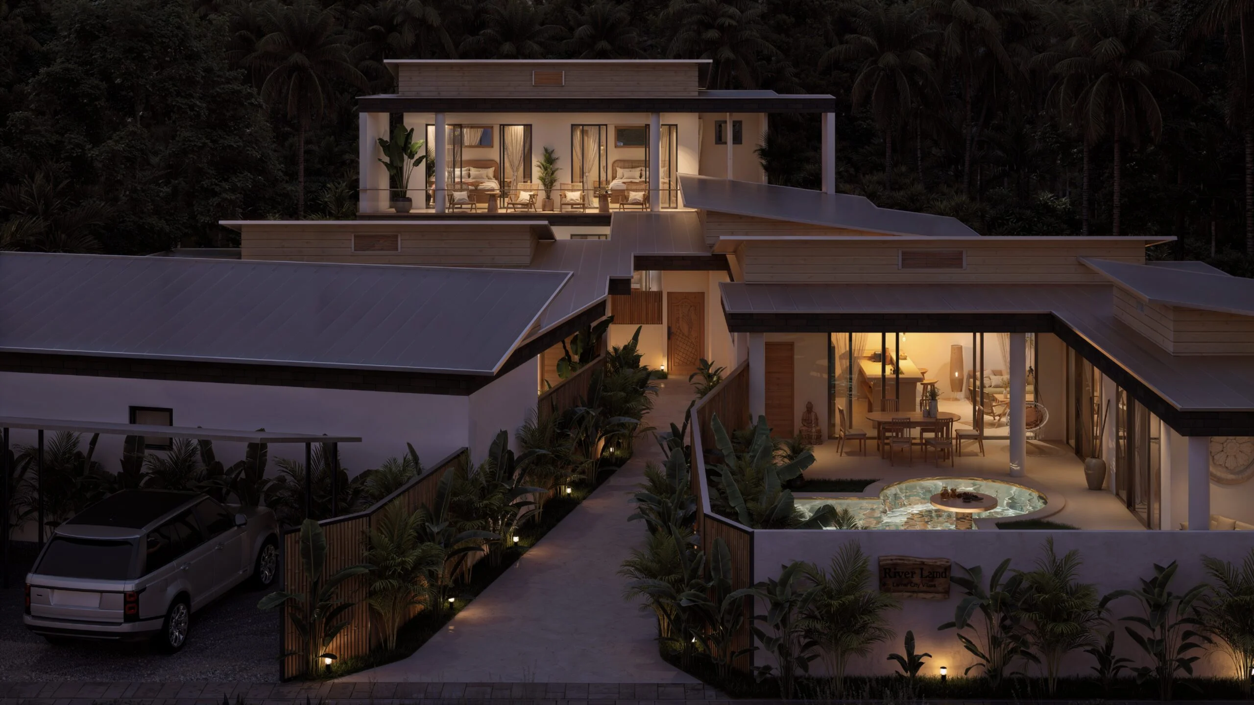 River Residence — dusk view of the illuminated villa and its terraces, tropical villa 3D visualization by Noor Haus Design