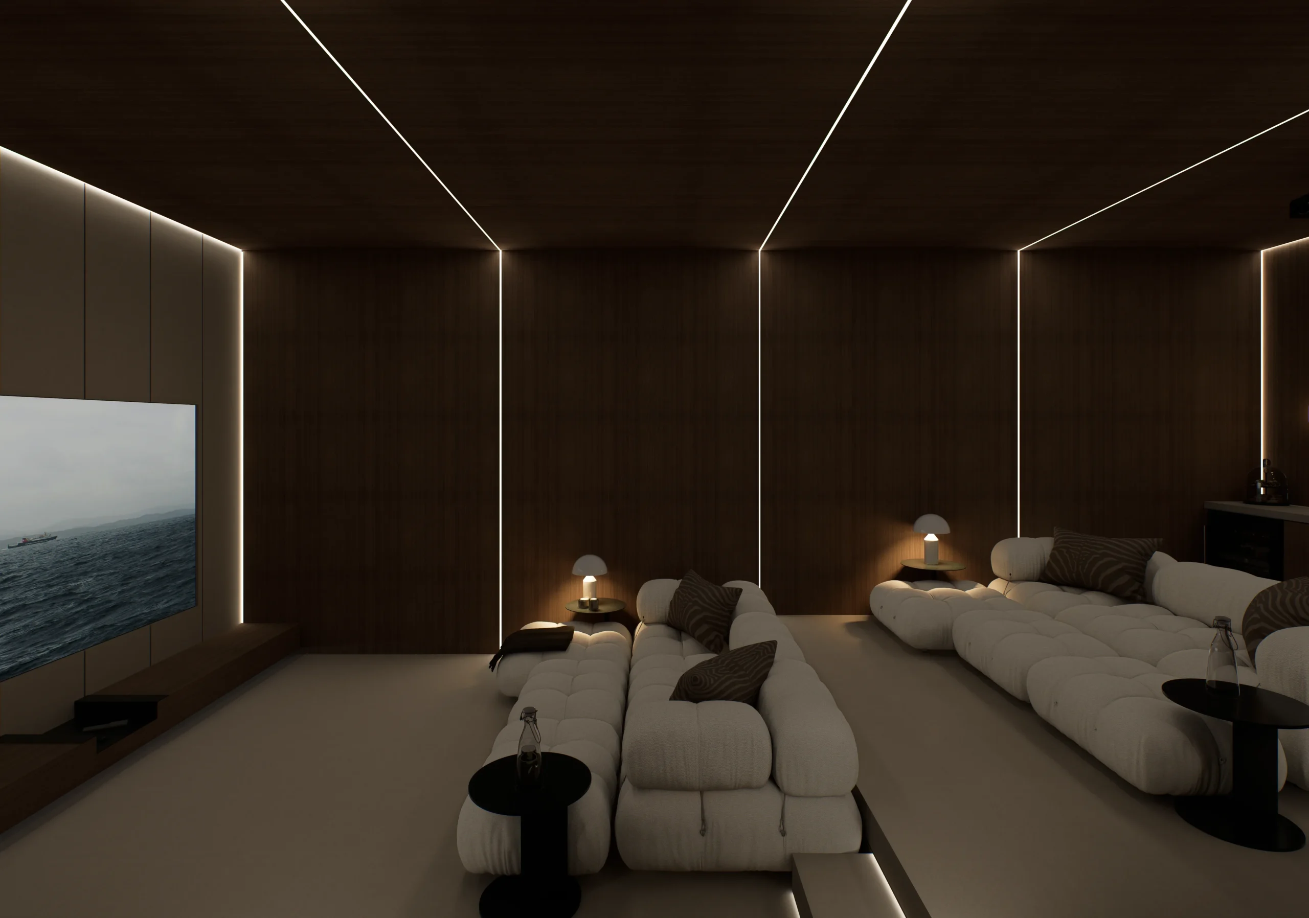 Villa Ren — home cinema room in walnut and linear lighting, contemporary villa 3D visualization