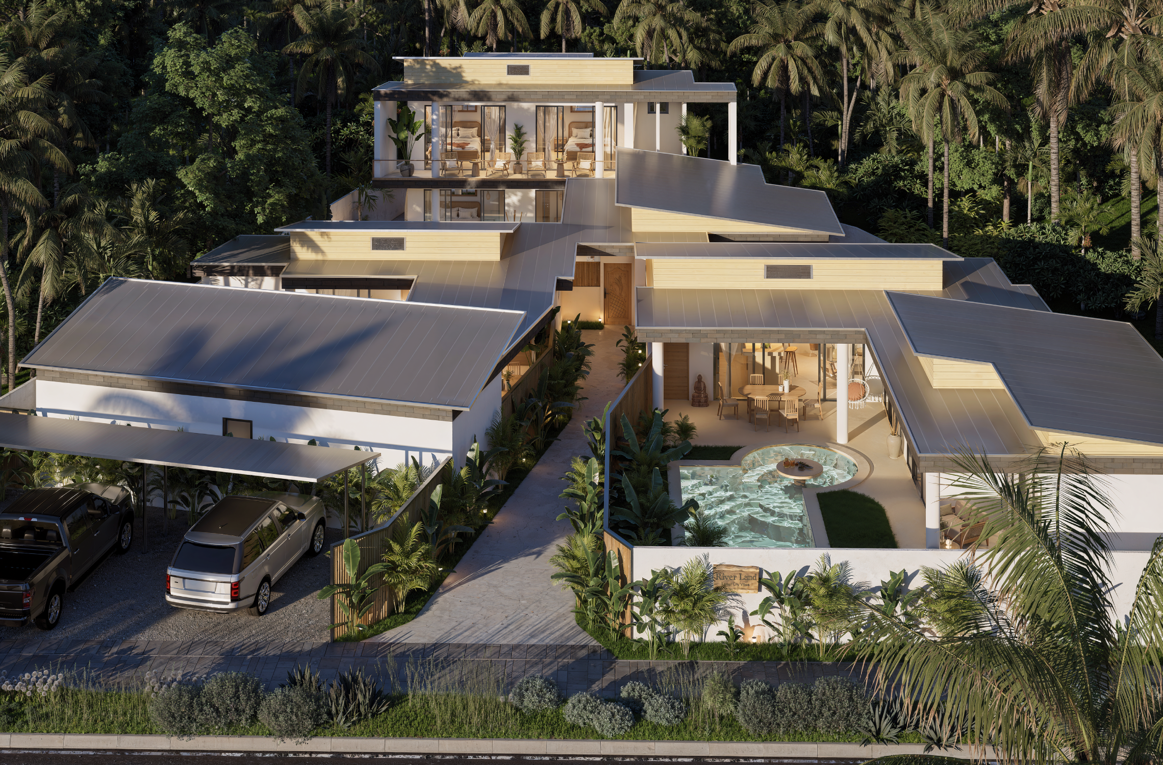 River Residence — aerial view of the villa, terraces and pool at dusk — architectural 3D visualization by Noor Haus Design