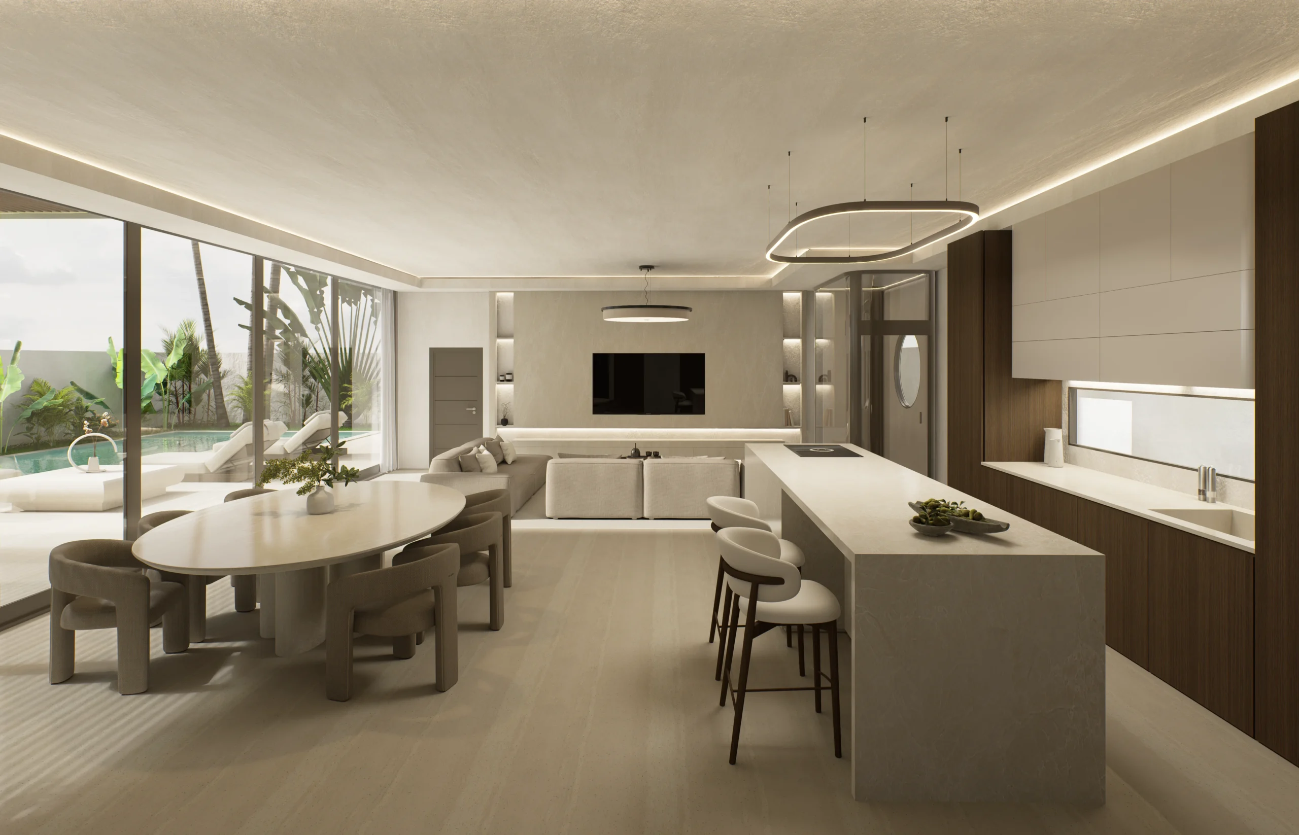 Open kitchen and dining space with island, curved pendant light and garden view — architectural 3D visualization by Noor Haus Design