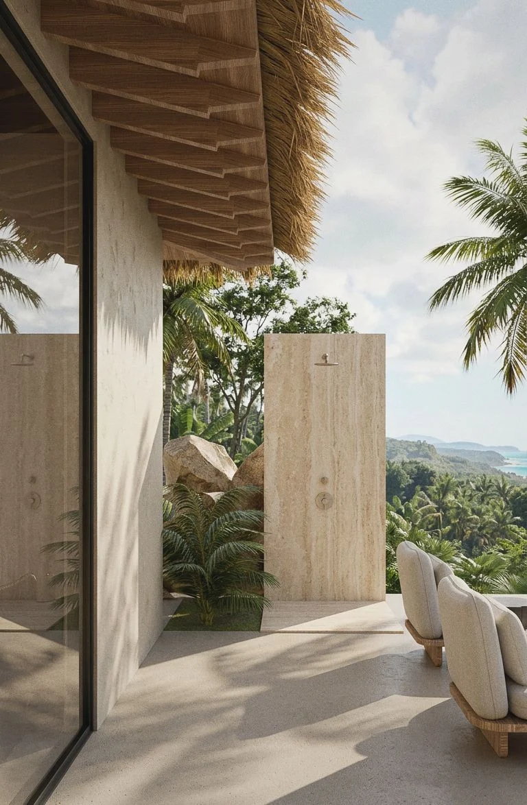 Malika Villa — outdoor shower in travertine walls opening onto the jungle and the sea