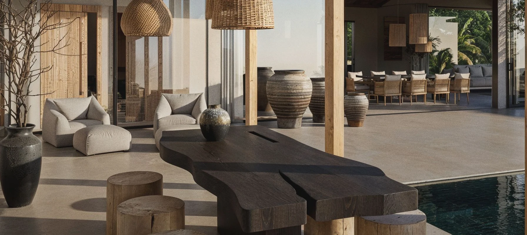 Malika Villa — covered outdoor living area with a solid timber table beside the pool
