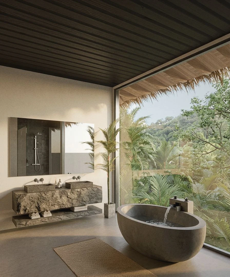Malika Villa — bathroom with carved stone basins and freestanding tub facing the jungle