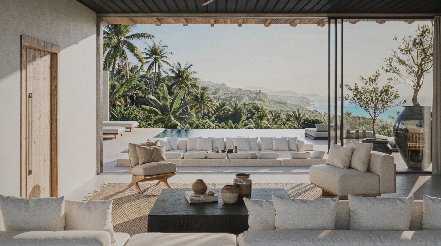Malika Villa — living room opening onto the pool terrace and the ocean, tropical villa interior visualization
