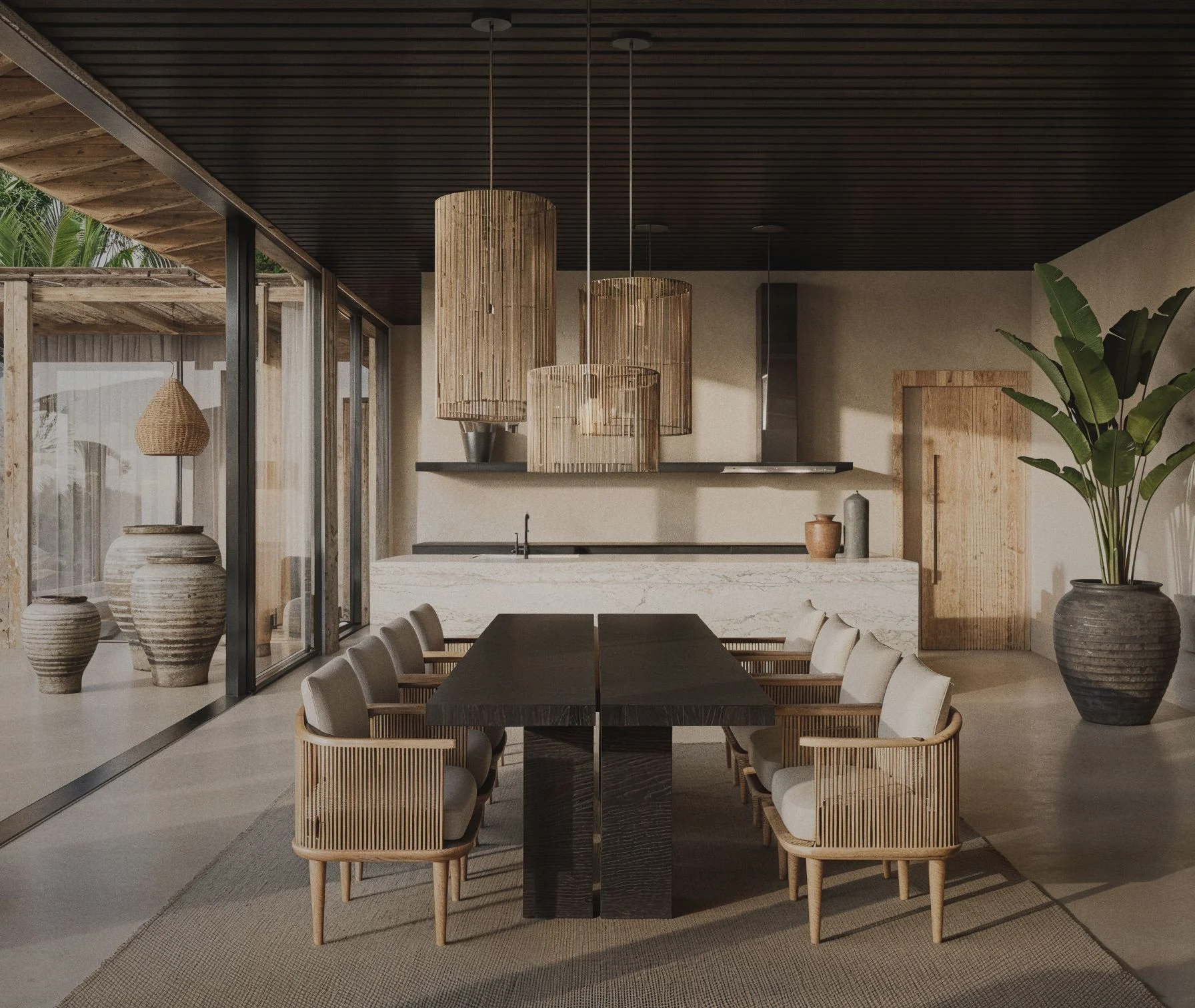 Malika Villa — dining room with dark timber table and woven pendant lights