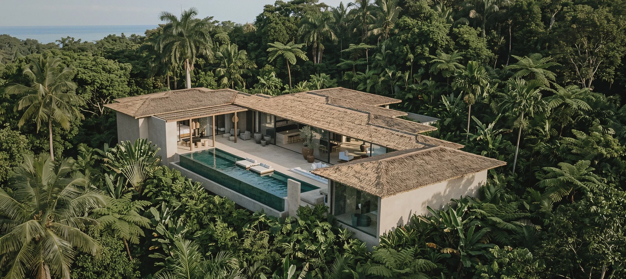 Malika Villa — aerial view of a tropical villa with thatched roofs and infinity pool set in the jungle canopy