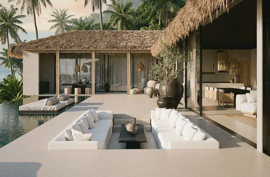 Malika Villa — outdoor lounge and infinity pool beneath a thatched roof, tropical villa 3D visualization