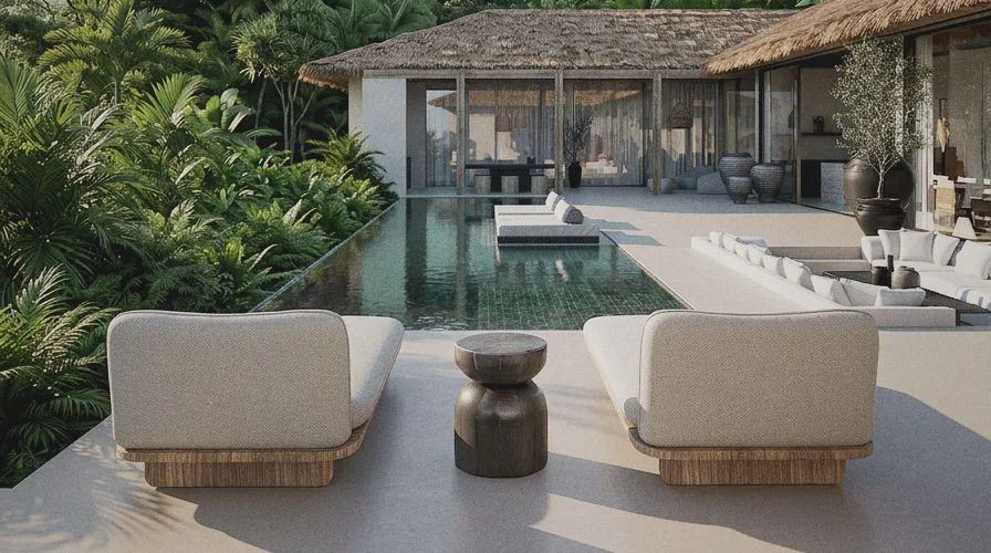 Malika Villa — infinity pool and outdoor seating framed by tropical planting